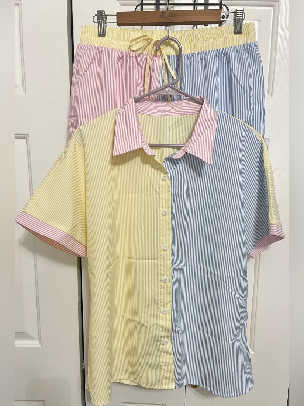 Pastel Colorblock Short Sleeve Shirt and Short Set - Yellow, Blue, Pink